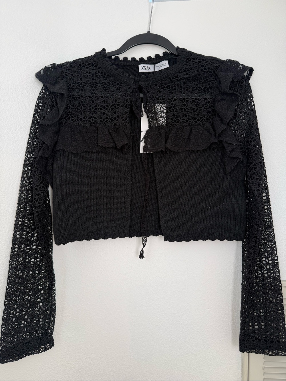 Zara Black Crochet Ruffle Tie-Front Cropped Top NWT